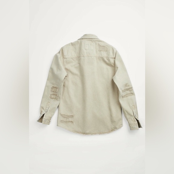 Zara Denim Overshirt Men's‎ Size Medium Khaki Tan Ripped Distressed - Picture 11 of 16